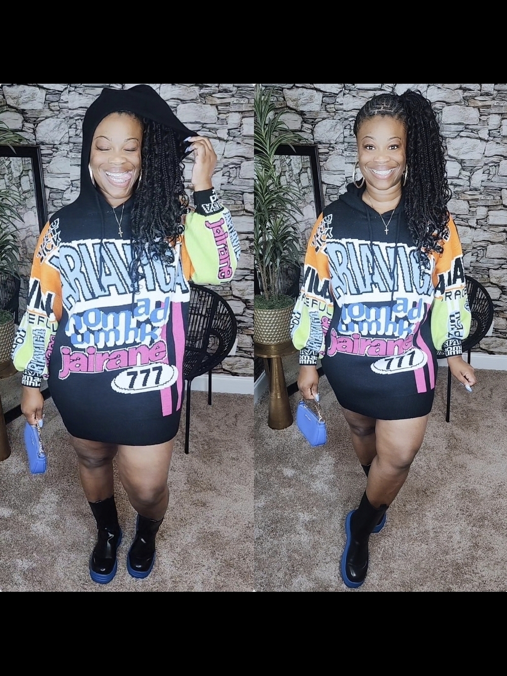 Graphic Hoodie Dress in Black with Multicolor Letters - Picture 2 of 2